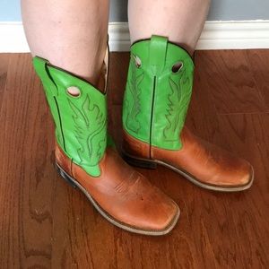 Old West green tan cowboy square toe boots-M7/W9